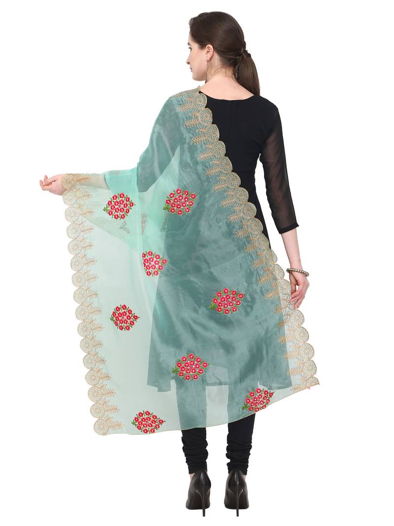 Turquoise Organza Embroidered Womens Dupatta