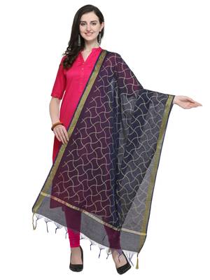 Navy Blue Cotton Silk Printed Womens Dupatta 1