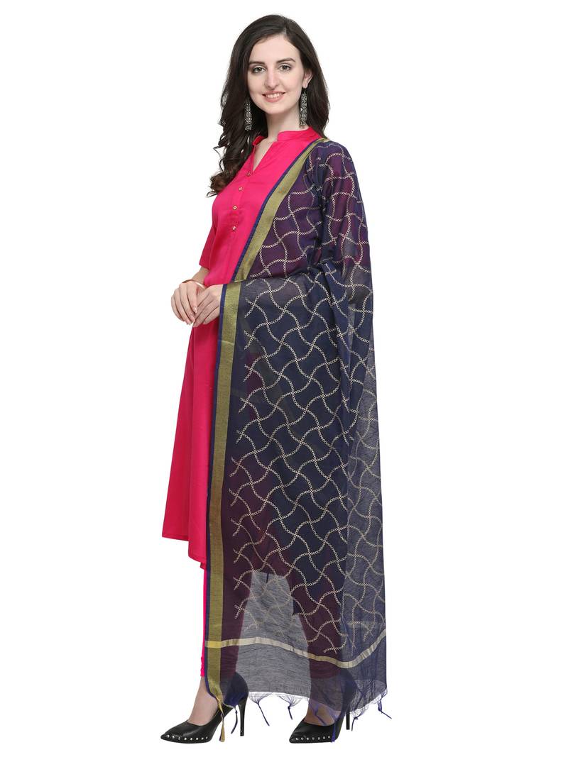 Navy Blue Cotton Silk Printed Womens Dupatta