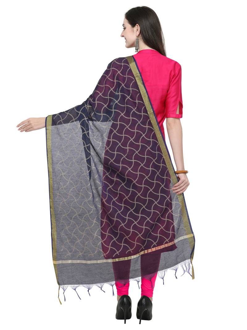 Navy Blue Cotton Silk Printed Womens Dupatta