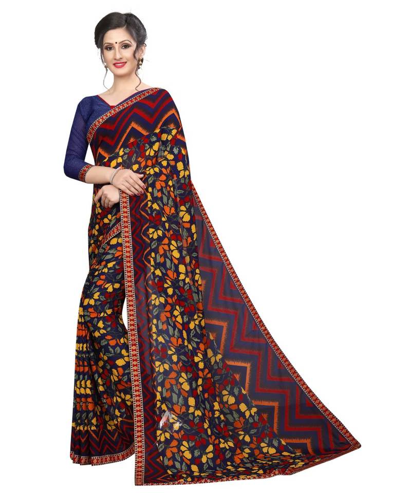 Multicolor Printed Georgette Saree With Blouse