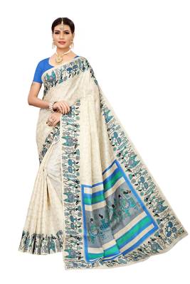 Off white printed art silk saree with blouse 1