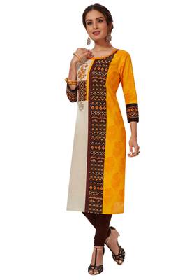 Women's Dark Yellow & Beige Cotton Printed Straight Fit Readymade Kurti 1