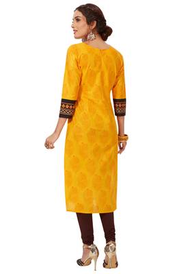 Women's Dark Yellow & Beige Cotton Printed Straight Fit Readymade Kurti 2