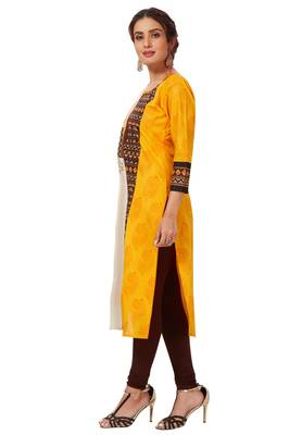 Women's Dark Yellow & Beige Cotton Printed Straight Fit Readymade Kurti 3