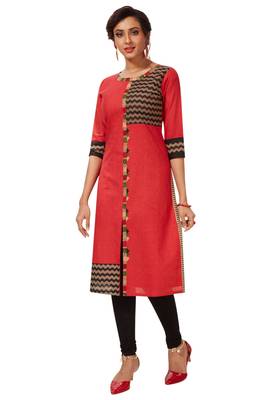 Women's Red & Black Cotton Printed Straight Fit Readymade Kurti 1