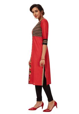 Women's Red & Black Cotton Printed Straight Fit Readymade Kurti 3