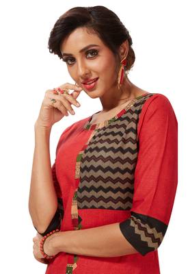 Women's Red & Black Cotton Printed Straight Fit Readymade Kurti 4