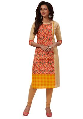 Women's Beige & Orange Cotton Printed Straight Fit Readymade Kurti 1