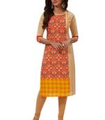 Women's Beige & Orange Cotton Printed Straight Fit Readymade Kurti