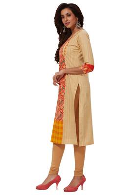 Women's Beige & Orange Cotton Printed Straight Fit Readymade Kurti 3