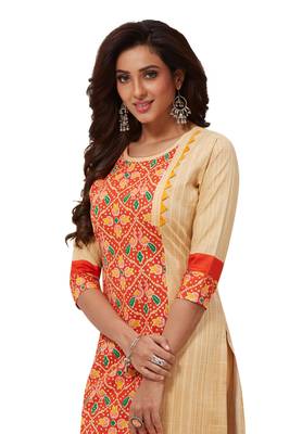 Women's Beige & Orange Cotton Printed Straight Fit Readymade Kurti 4