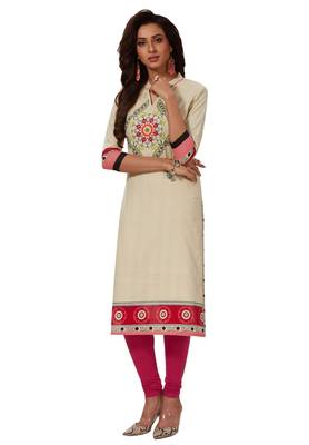 Women's Off White & Pink Cotton Printed Straight Fit Readymade Kurti 1