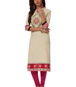 Women's Off White & Pink Cotton Printed Straight Fit Readymade Kurti