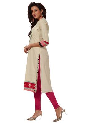 Women's Off White & Pink Cotton Printed Straight Fit Readymade Kurti 3