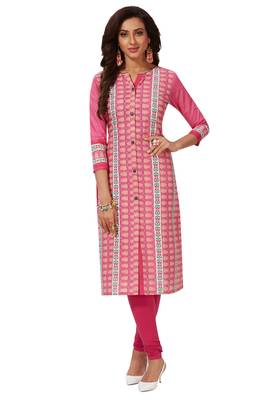 Women's Pink Cotton Printed Straight Fit Readymade Kurti 1
