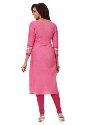 Women's Pink Cotton Printed Straight Fit Readymade Kurti 2