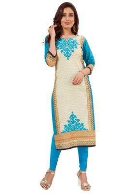Women's Blue & Cream Cotton Printed Straight Fit Readymade Kurti 1