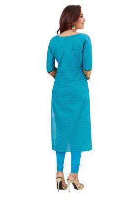 Women's Blue & Cream Cotton Printed Straight Fit Readymade Kurti 2