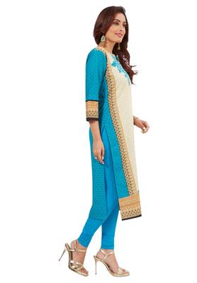 Women's Blue & Cream Cotton Printed Straight Fit Readymade Kurti 3