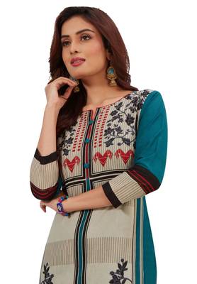 Women's Blue & Cream Cotton Printed Straight Fit Readymade Kurti 4