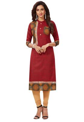Women's Red Cotton Printed Straight Fit Readymade Kurti 1