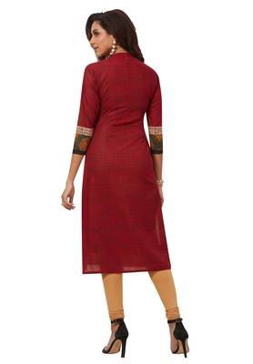 Women's Red Cotton Printed Straight Fit Readymade Kurti 2