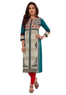 Women's Turquoise & Grey Cotton Printed Straight Fit Readymade Kurti 1