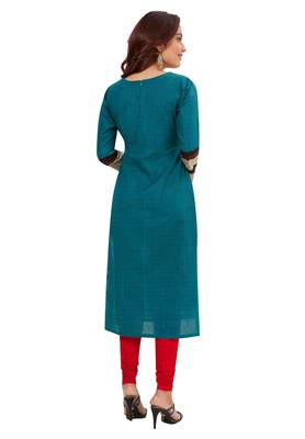 Women's Turquoise & Grey Cotton Printed Straight Fit Readymade Kurti 2