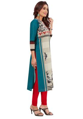 Women's Turquoise & Grey Cotton Printed Straight Fit Readymade Kurti 3