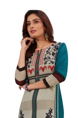 Women's Turquoise & Grey Cotton Printed Straight Fit Readymade Kurti 4