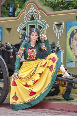 Yellow Embroidered Cotton Semi Stitched wedding lehenga 1