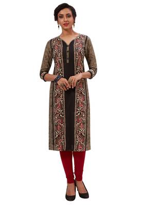 Women's Black & Bronze Cotton Printed Straight Fit Readymade Kurti 1