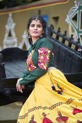 Yellow Embroidered Cotton Semi Stitched wedding lehenga 3