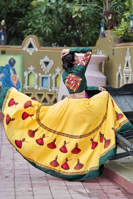 Yellow Embroidered Cotton Semi Stitched wedding lehenga 4
