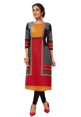 Women's Red & Black Cotton Printed Straight Fit Readymade Kurti 1