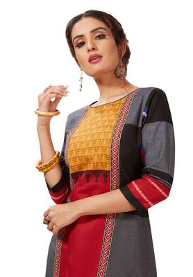 Women's Red & Black Cotton Printed Straight Fit Readymade Kurti 4