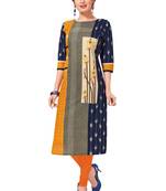 Women's Blue & Yellow Cotton Printed Straight Fit Readymade Kurti
