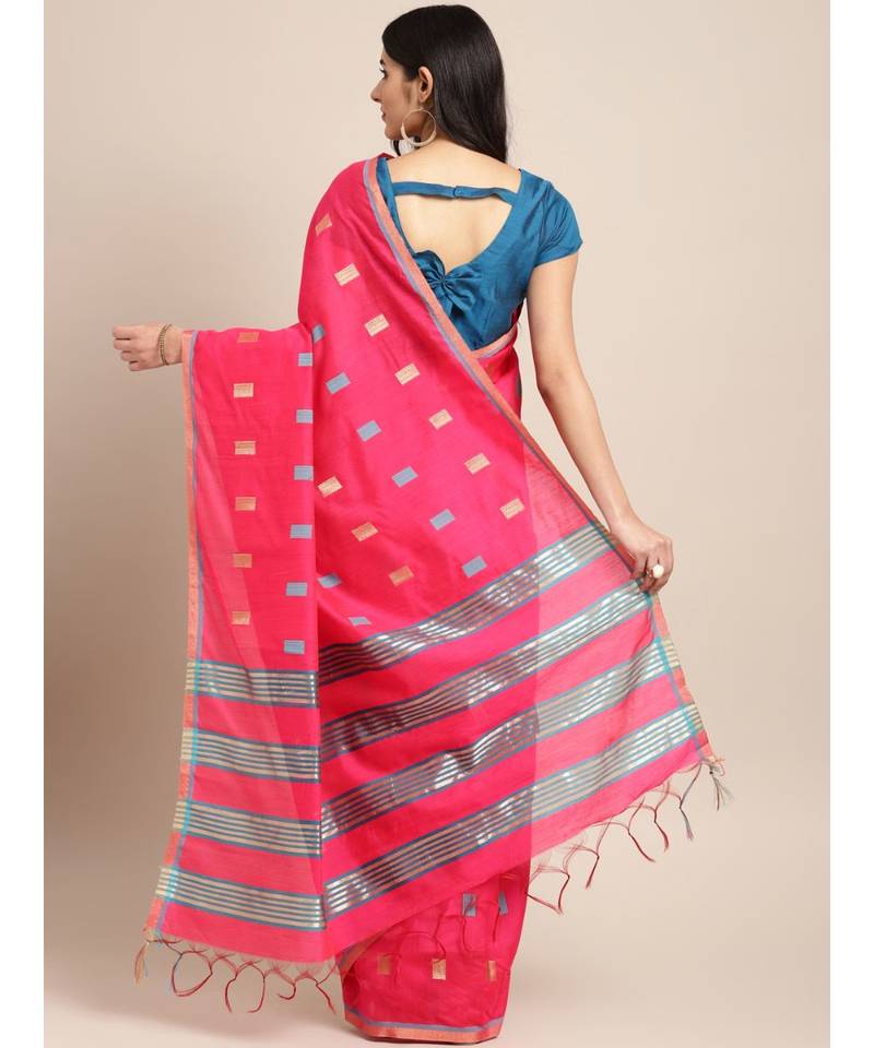 Pink Chanderi Cotton Woven Saree