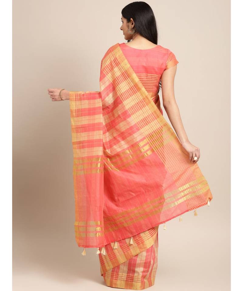Pink Cotton Blend Checks Saree