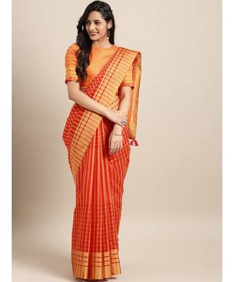 Orange & Pink Cotton Blend Checks Saree 1