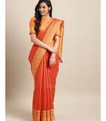 Orange & Pink Cotton Blend Checks Saree