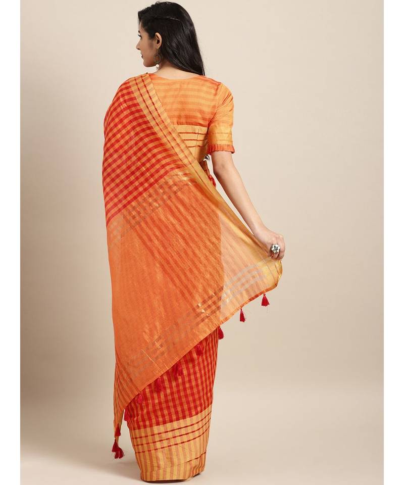 Orange & Pink Cotton Blend Checks Saree