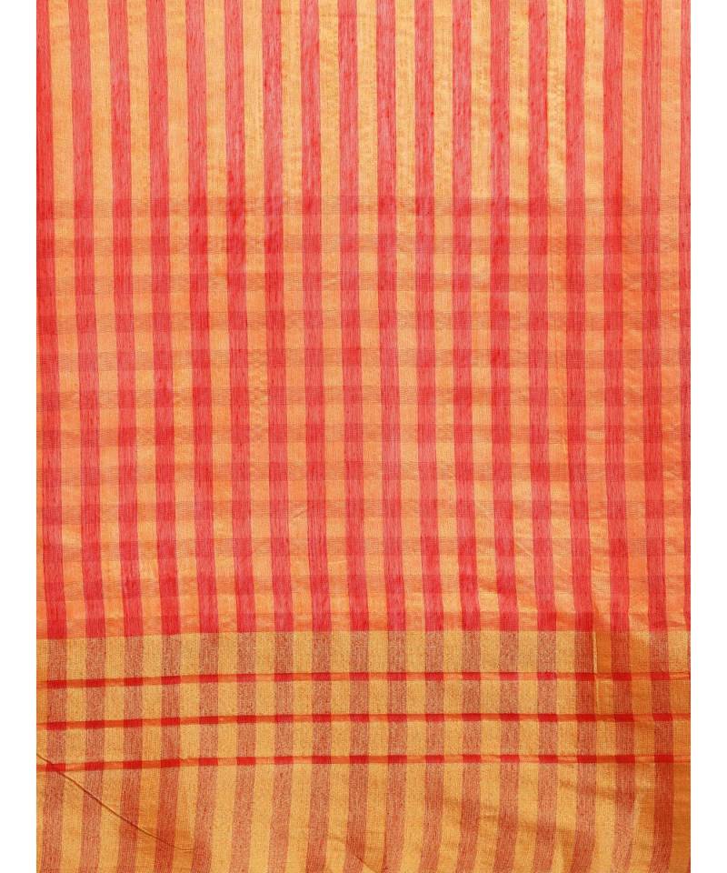 Orange & Pink Cotton Blend Checks Saree