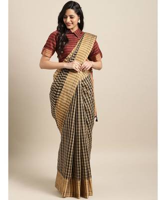 Black & Beige Cotton Blend Checks Saree 1