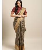 Black & Beige Cotton Blend Checks Saree