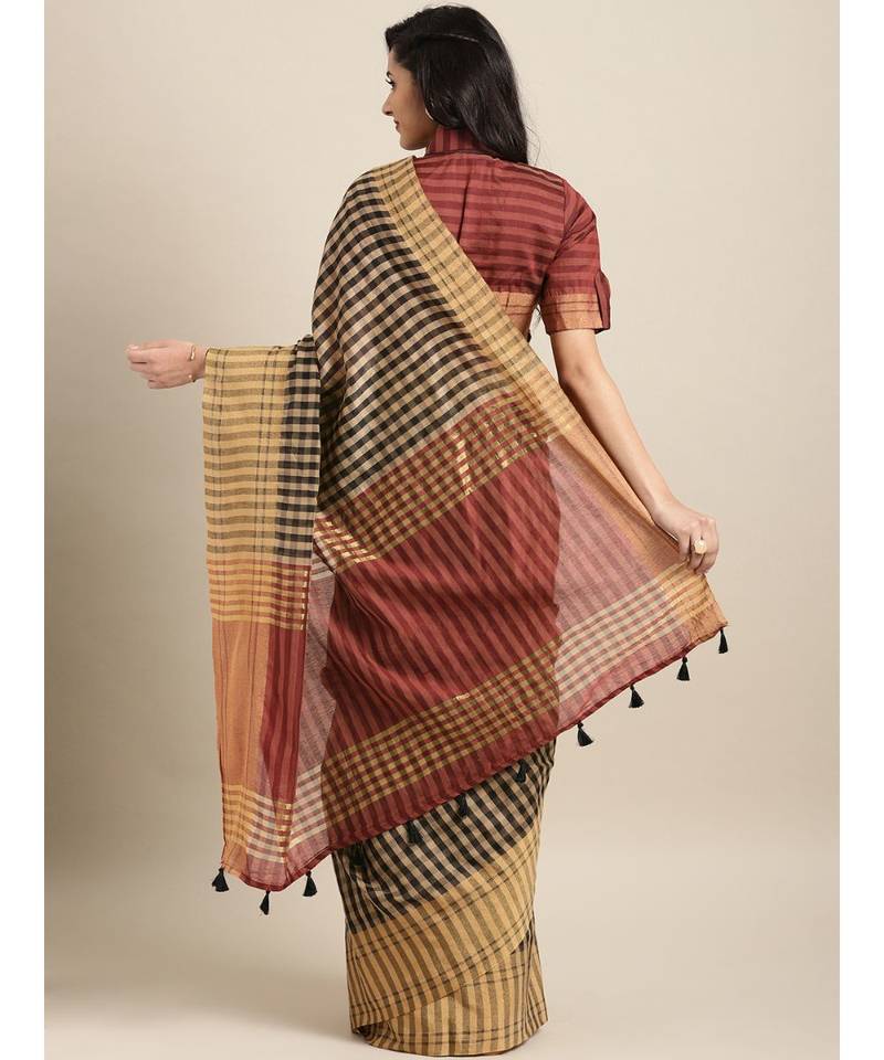 Black & Beige Cotton Blend Checks Saree