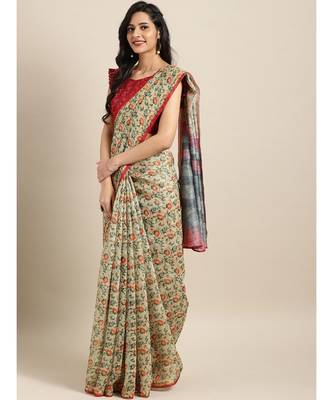 Cream Chanderi Cotton Digital Floral Printed Saree 1