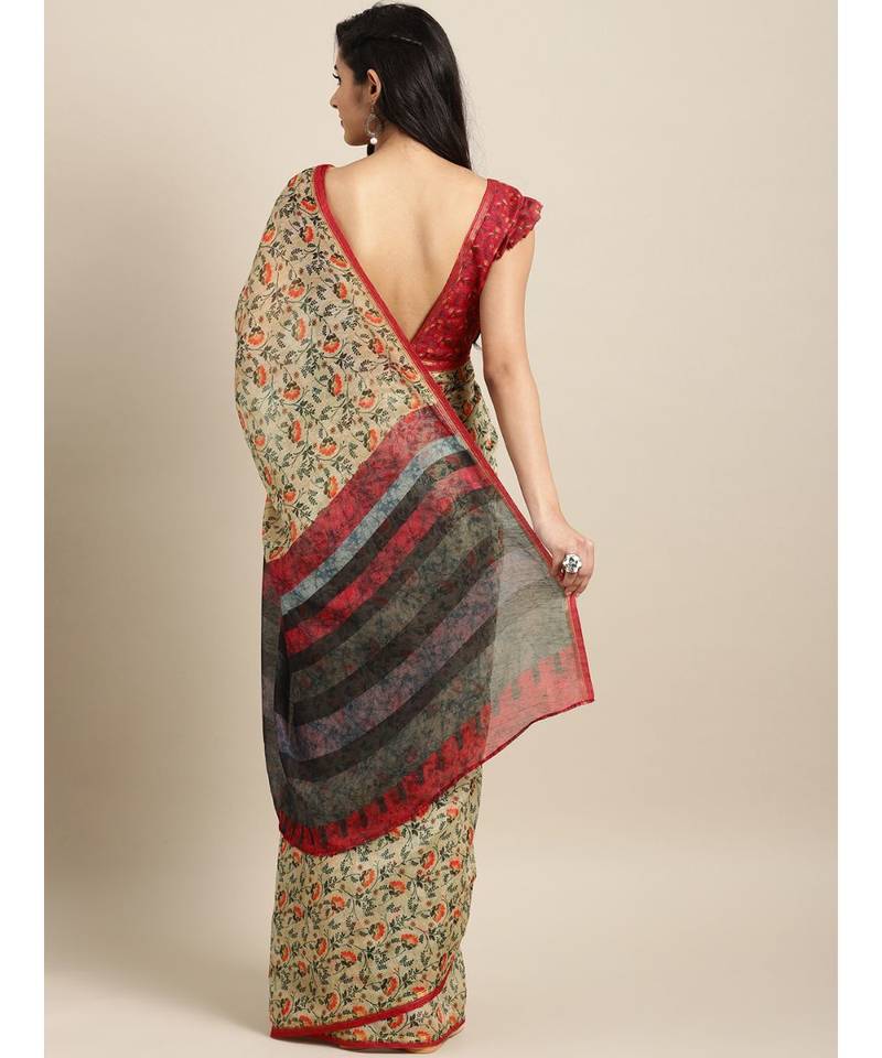 Cream Chanderi Cotton Digital Floral Printed Saree