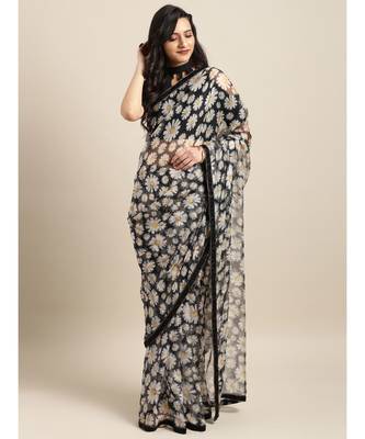 Black & White Organza Digital Floral Print Saree 1